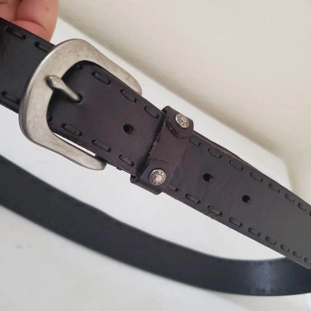 Fossil dark brown leather belt with a silver-toned buckle Decorative Stitching L